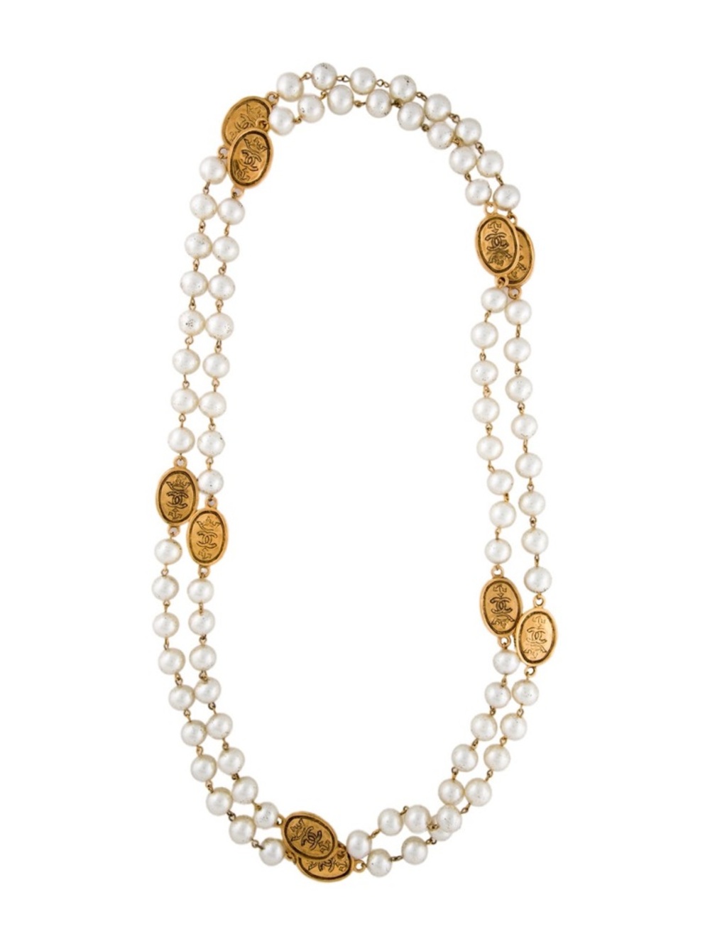 CHANEL Vintage Faux Pearl & CC Crown Medallion Station Necklace